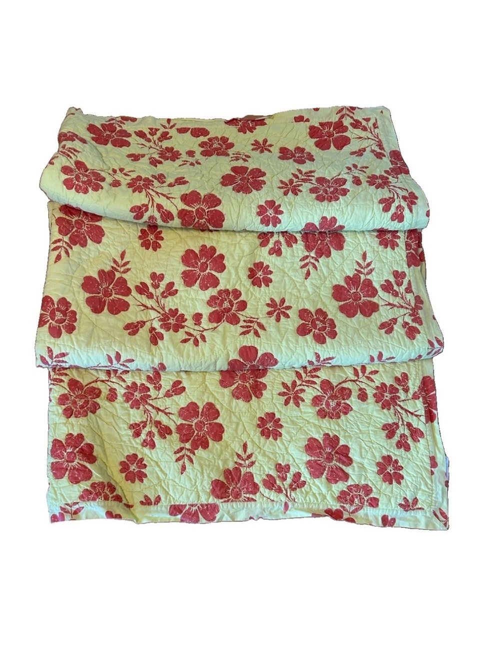Vintage 2007 Garnet Hill Twin Quilt Yellow Red Floral Cotton Reversible Cottage